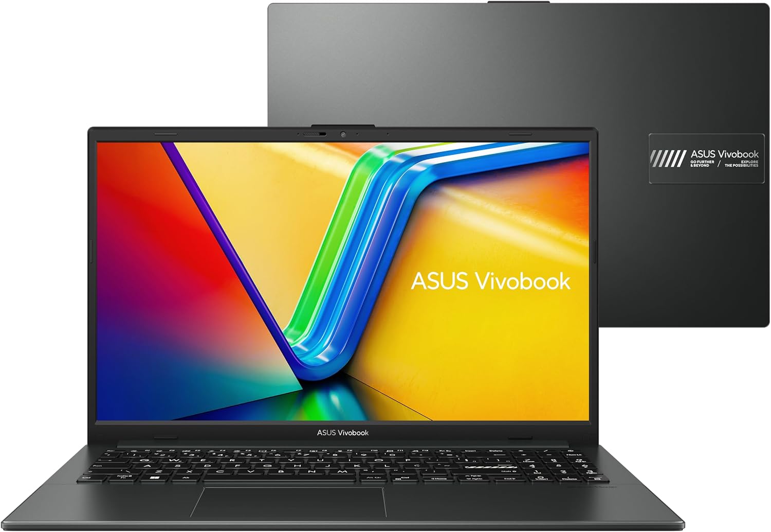ASUS Vivobook Go 15 E1504FA-NJ731 aberto e fechado, na cor Mixed Black